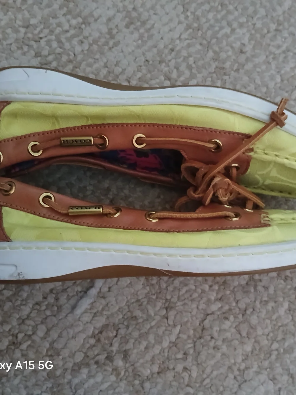 Coach Yellow Canvas and Brown Leather Trim Moccasins with Pink Printed Insole